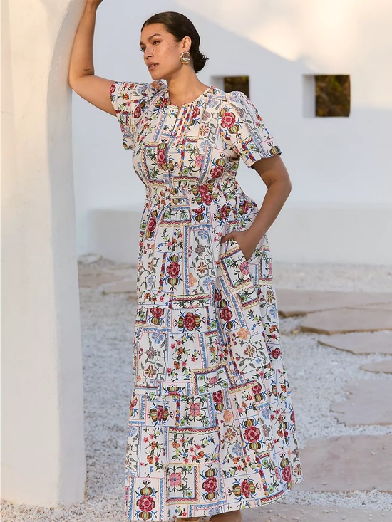 Anthropologie Dresses & Skirts - Anthropologie Somerset Printed V Neck Short Sleeve Boho Midi Dress in Oyster L